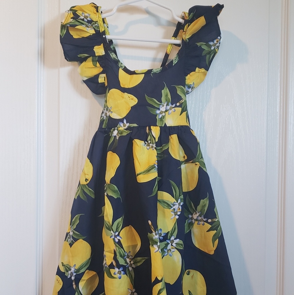 Toddler girls lemon print cotton dress - navy